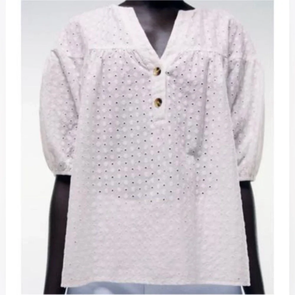 Zara Embroidered Eyelet Blouse White NWT